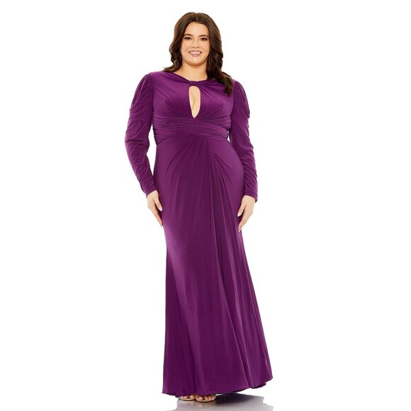 NWT Mac Duggal Princess Long Sleeve Keyhole Neck Jersey Dress Plum 18W